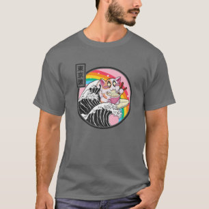 Camiseta Feliz Gato Comendo Ramen Rainbow Kanagawa Wave Vap