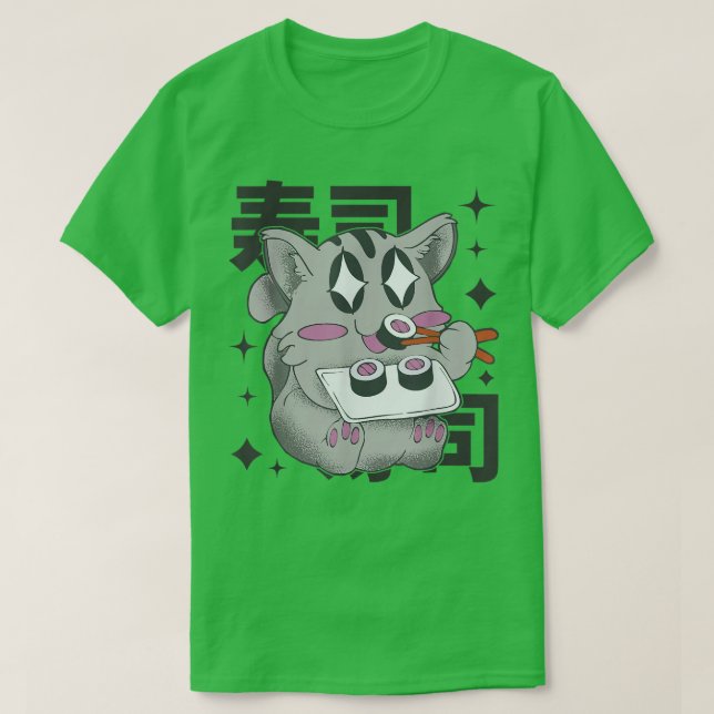 Camiseta Feliz Gato Comendo Sushi Japão Estilo Kawaii Anime (Frente do Design)