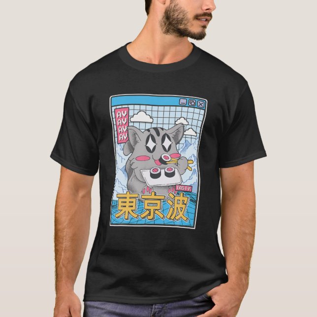 Camiseta Feliz Gato Comendo Sushi Vaporwave Anime Estético  (Frente)