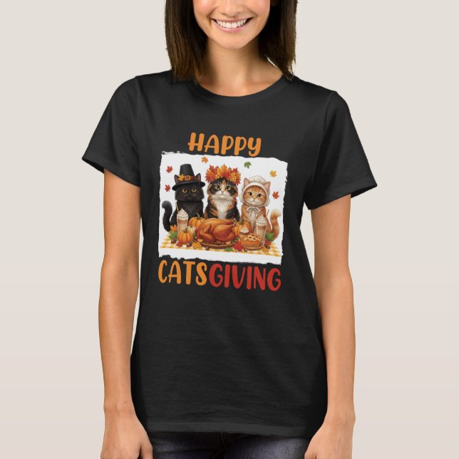 Camiseta Feliz Gato de Ação de Graças Fantasia de Peregrino (Frente)