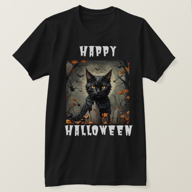 Camiseta Feliz Gato de Halloween (Frente do Design)