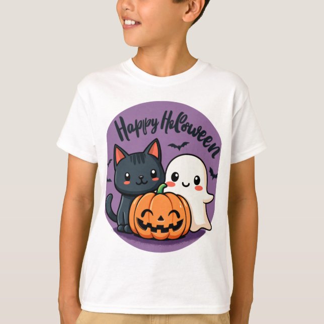 Camiseta Feliz Gato de Halloween, Fantasma e Abóbora (Frente)