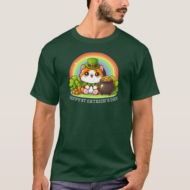 Camiseta Feliz Gato Feliz, Gato, Dia de São Patrício Verde (Frente)
