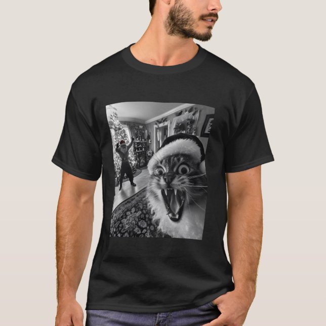 Camiseta Feliz Gato Selfie Com Papais noeis De Natal (Frente)