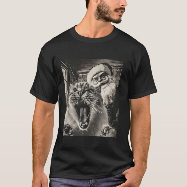 Camiseta Feliz Gato Selfie Com Papais noeis De Natal (Frente)