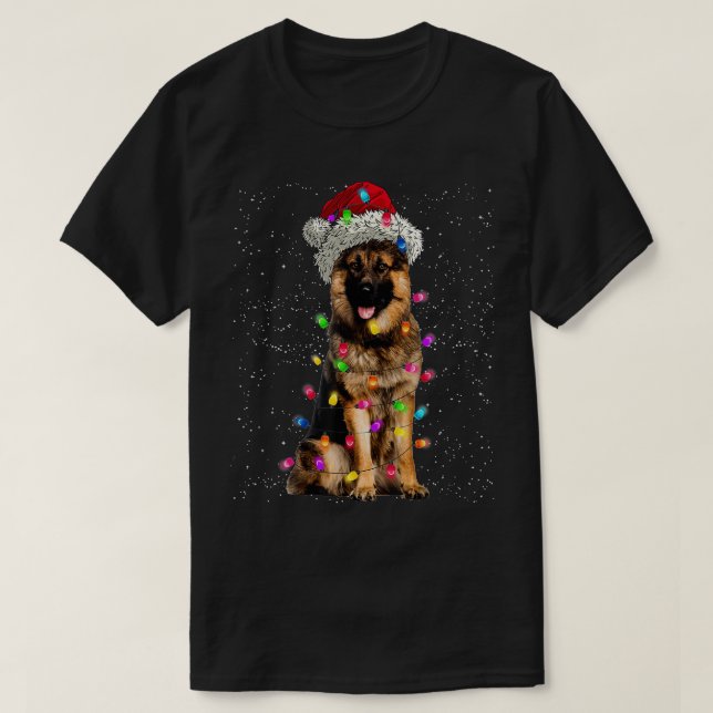 Camiseta Feliz German shepherd de Natal Santa Hat Luzes X (Frente do Design)