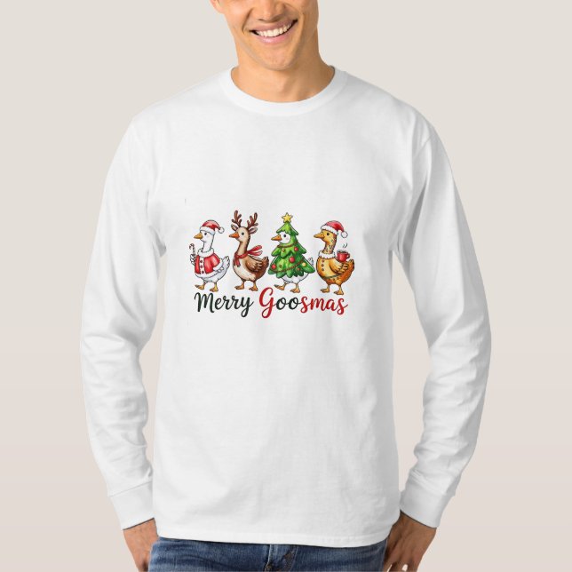 Camiseta Feliz Goosemas Ganso de Natal Vestindo Papai Noel (Frente)