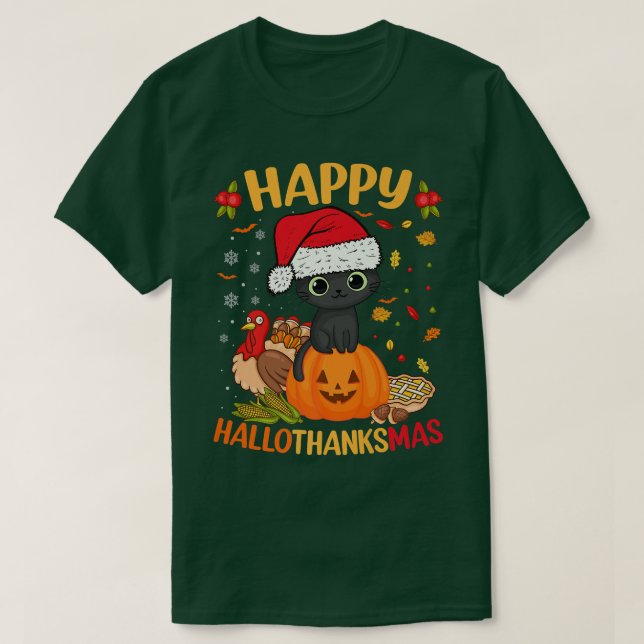 Camiseta Feliz HalloObrigadoMas Black Cat Santa Hat Holiday (Frente do Design)