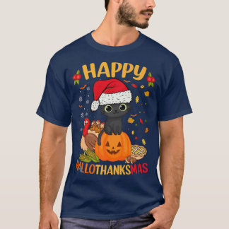 Camiseta Feliz HalloObrigadoMas Black Cat Santa Hat Holiday