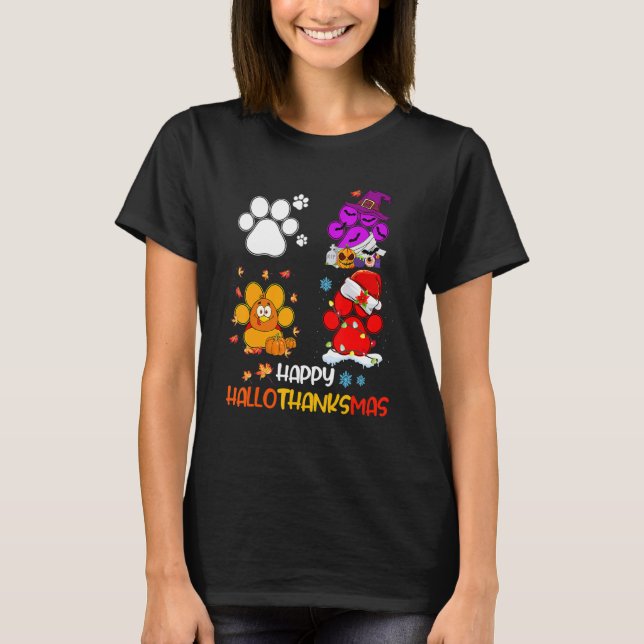 Camiseta Feliz HalloObrigadoMas Cachorros Pata Halloween Th (Frente)