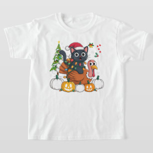 Camiseta Feliz HalloObrigadoMas Gato Negro Pumpkins Turco