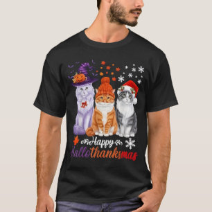 Camiseta Feliz HalloObrigadoMas Gatos Halloween Dia de Ação