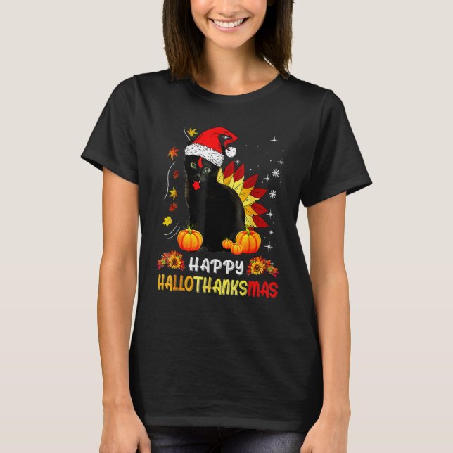 Camiseta Feliz Hallothanksmas Black Cat Halloween Thanksgi (Frente)