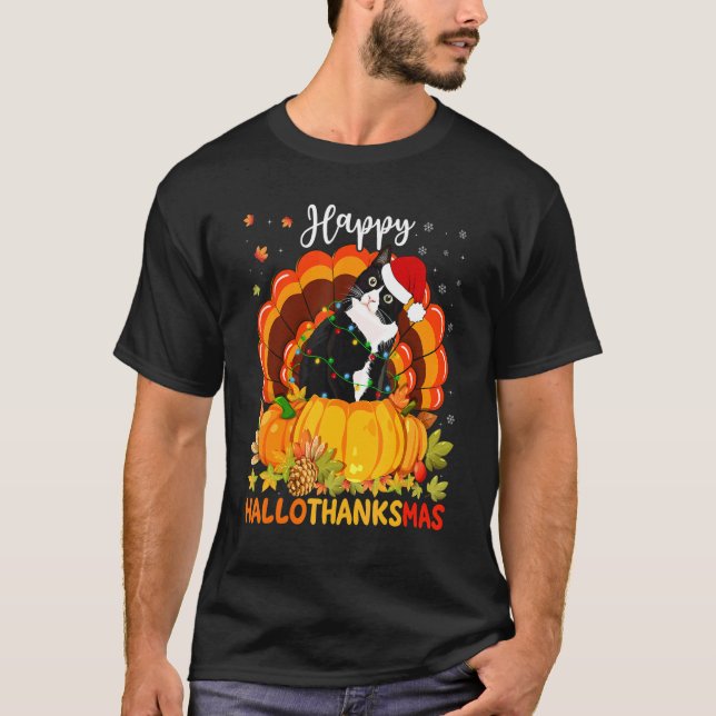 Camiseta Feliz Hallothanksmas Black Cat Pumpkin Santa Hat T (Frente)