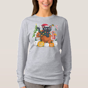 Camiseta Feliz Hallothanksmas Black Cat Santa Hat