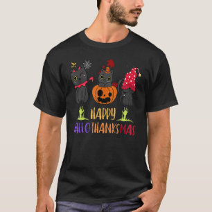 Camiseta Feliz Hallothanksmas Cat Vampire Santa Hat Pumpkin