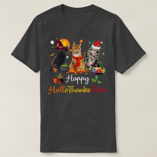 Camiseta Feliz Hallothanksmas Cats Lover Halloween Feliz Ch (Frente do Design)