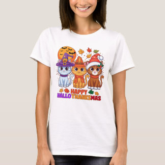 Camiseta Feliz Hallothanksmas Cats T-shirt Feriado Feriado