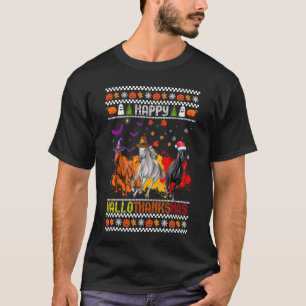 Camiseta Feliz Hallothanksmas Cavalo Bruxa Papai Noel Chapé