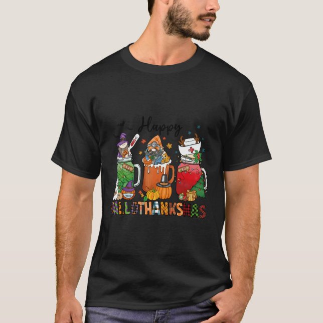 Camiseta Feliz Hallothanksmas Enfermeira de Café Obrigados  (Frente)