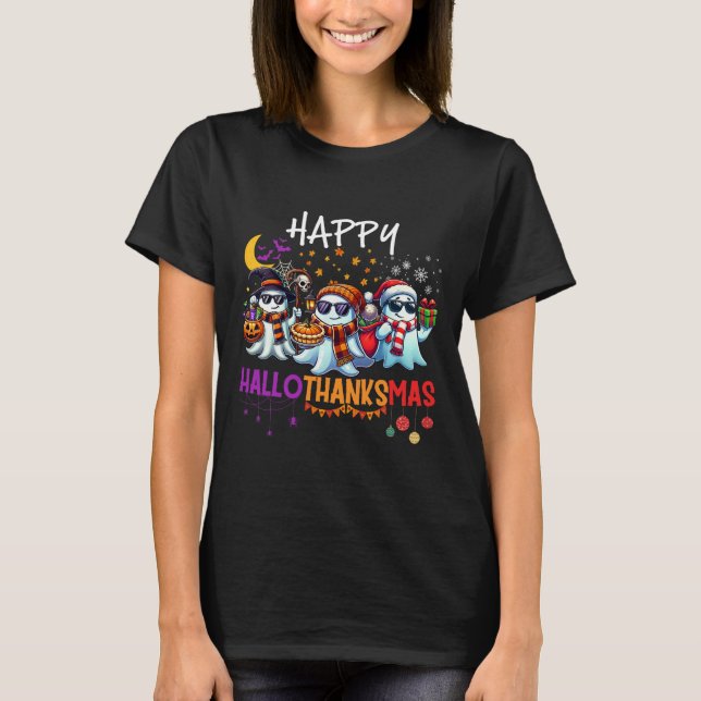 Camiseta Feliz Hallothanksmas Fantasma Halloween Dia de Açã (Frente)