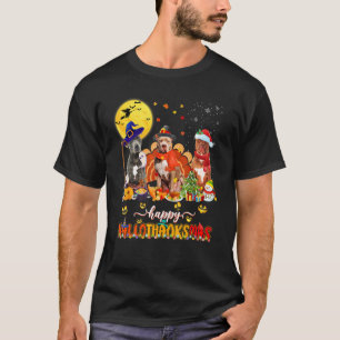 Camiseta Feliz Hallothanksmas Fofa Pitbull Chapéu de Bruxo