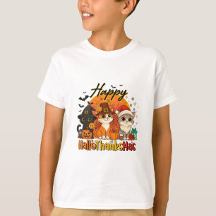 Camiseta Feliz Hallothanksmas Gato Dia das Bruxas Natal Obr