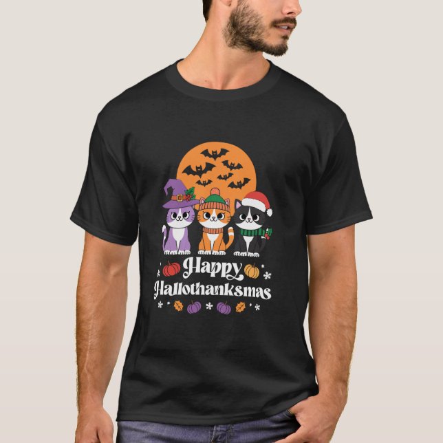 Camiseta Feliz Hallothanksmas Gato Festivo Trio Gato Gato G (Frente)