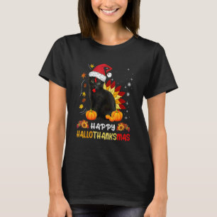 Camiseta Feliz Hallothanksmas  Gato Preto Halloween Dia de 