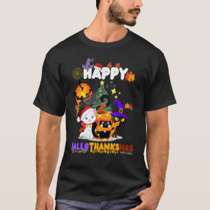 Camiseta Feliz Hallothanksmas Gatos Bruxa Papai Noel Chapéu