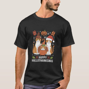 Camiseta Feliz Hallothanksmas Gatos Dia das Bruxas Natal