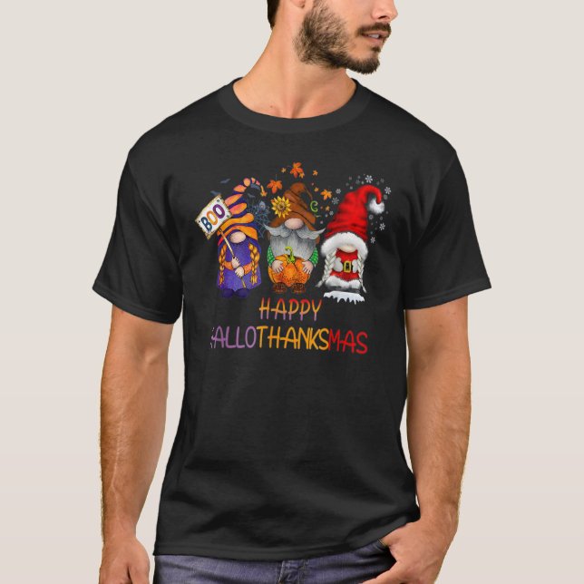 Camiseta Feliz Hallothanksmas Gnomos Cute Caem no Halloween (Frente)