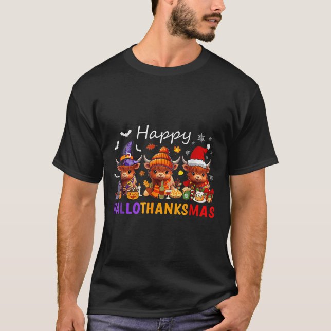 Camiseta Feliz Hallothanksmas Highland Cow Feliz Halloween (Frente)