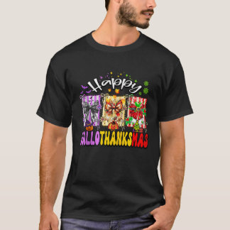 Camiseta Feliz Hallothanksmas Laço Coquete de Halloween Açã