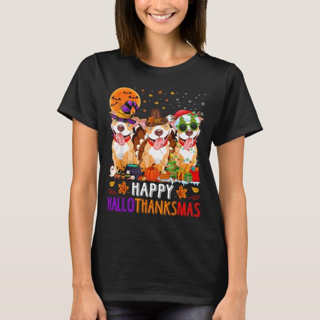 Camiseta Feliz Hallothanksmas Pitbull Cão Halloween (Frente)
