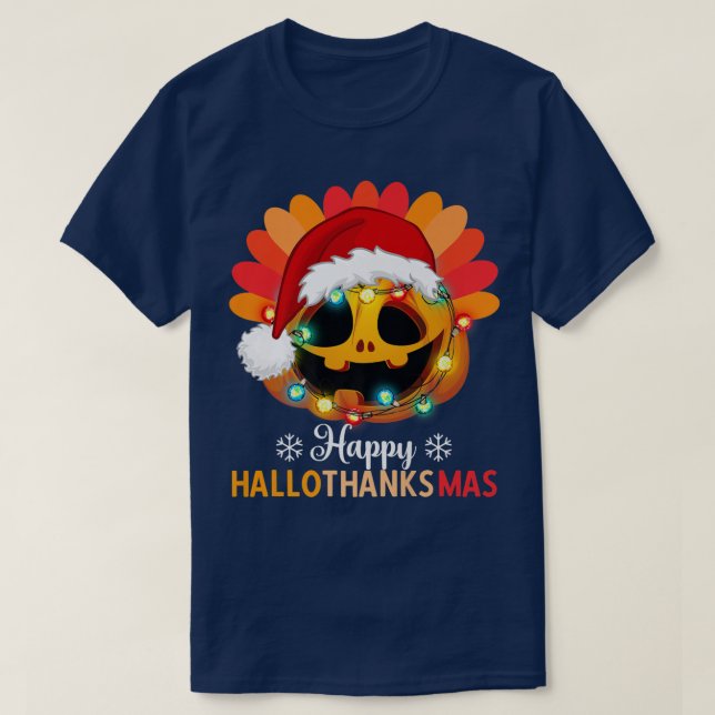 Camiseta Feliz Hallothanksmas Pumpkin com Luzes e Sa do Nat (Frente do Design)