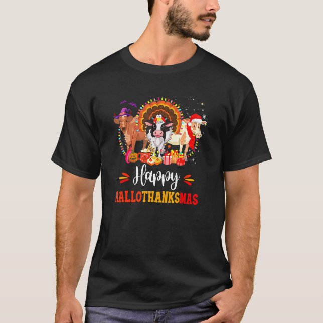 Camiseta Feliz Hallothanksmas Vaca Turquia Halloween Thanks (Frente)