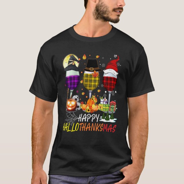 Camiseta Feliz Hallothanksmas Vinho Vidro Bruxa Noel Hat (Frente)