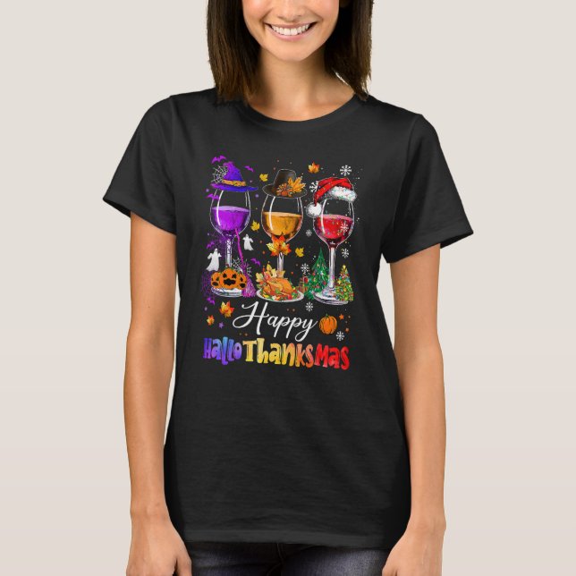 Camiseta Feliz Hallothanksmas Vinho Vidro Bruxa Noel Hat (Frente)