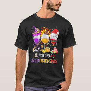 Camiseta Feliz Hallothanksmas Vinho Vidro Bruxa Noel Hat