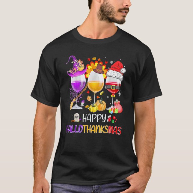Camiseta Feliz Hallothanksmas Vinho Vidro Bruxa Noel Hat (Frente)