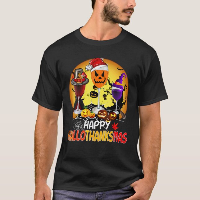 Camiseta Feliz Hallothanksmas Vinho Vidro Bruxa Noel Hat (Frente)