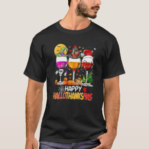 Camiseta Feliz Hallothanksmas Vinho Vidro Bruxa Noel Hat