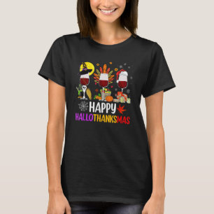 Camiseta Feliz Hallothanksmas Vinho Vidro Bruxa Noel Hat