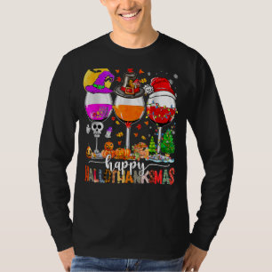 Camiseta Feliz Hallothanksmas Vinho Vidro Bruxa Noel Hat