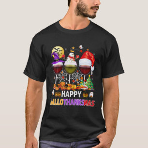 Camiseta Feliz Hallothanksmas Vinho Vidro Bruxa Noel Hat