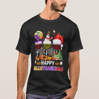 Camiseta Feliz Hallothanksmas Vinho Vidro Bruxa Noel Hat