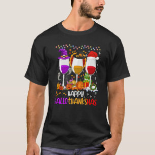 Camiseta Feliz Hallothanksmas Vinho Vidro Bruxa Noel Hat
