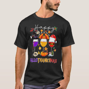 Camiseta Feliz Hallothanksmas Vinho Vidro Bruxa Noel Hat