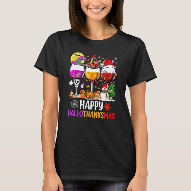Camiseta Feliz Hallothanksmas Vinho Vidro Bruxa Noel Hat (Frente)